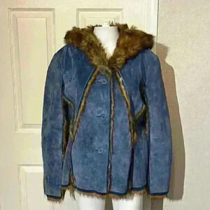 The LOOK Randolph Duke Womens Suede & Faux Fur Blue Fox Jacket Hood Size Large
